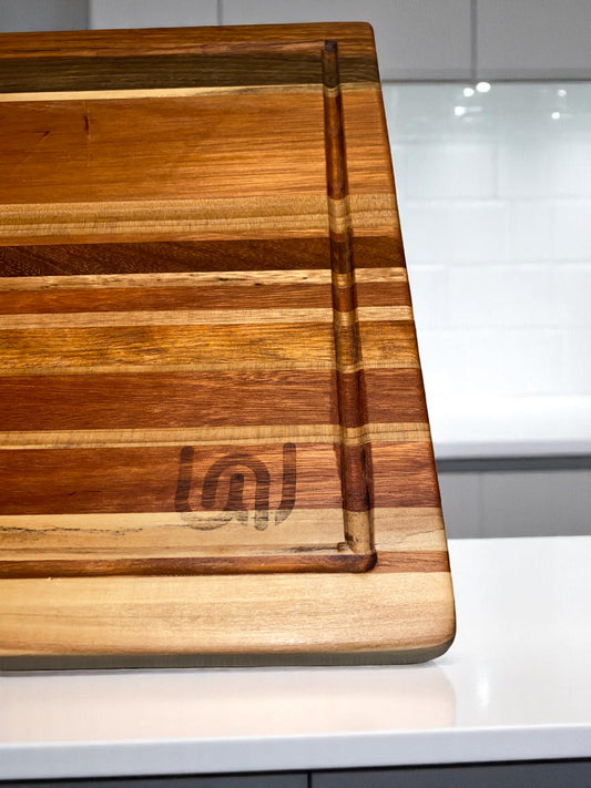 The Outback Blush – Extra-Wide Red Gum Chopping Board with Spotted Gum & Blackbutt Accents